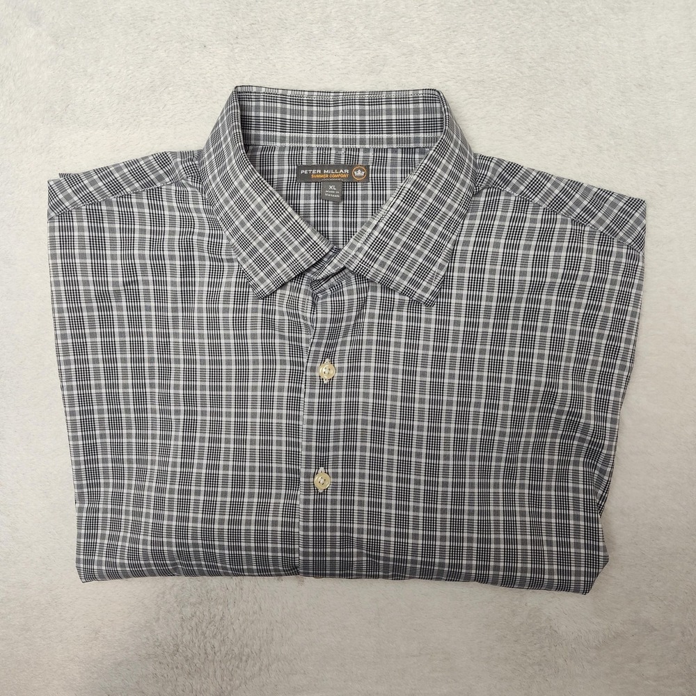 Peter Millar Shirt Men XL Gray Plaid Summer Comfort Button-Up Woven Lightweight